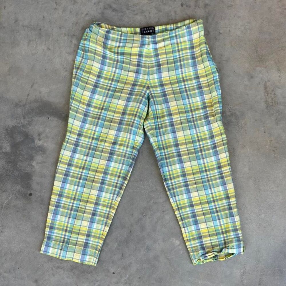 Spenser Jeremy 100% silk green plaid capri pants y2k